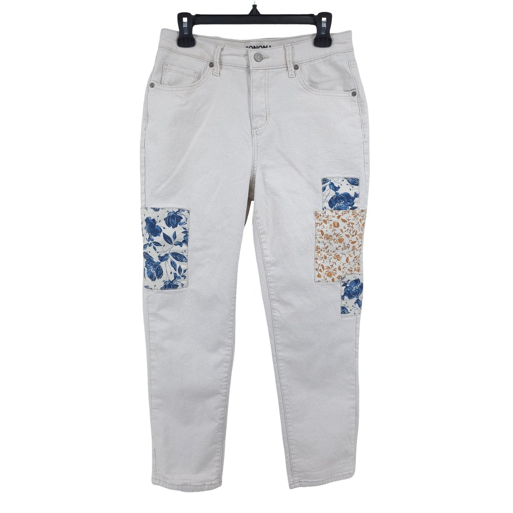 Sonoma Boyfriend Patchwork Floral High Rise Tan Crop Jeans Womens 6